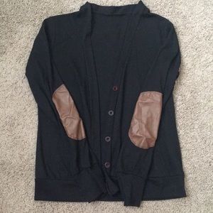 Black Button-Up Cardigan with Brown Elbow Patches